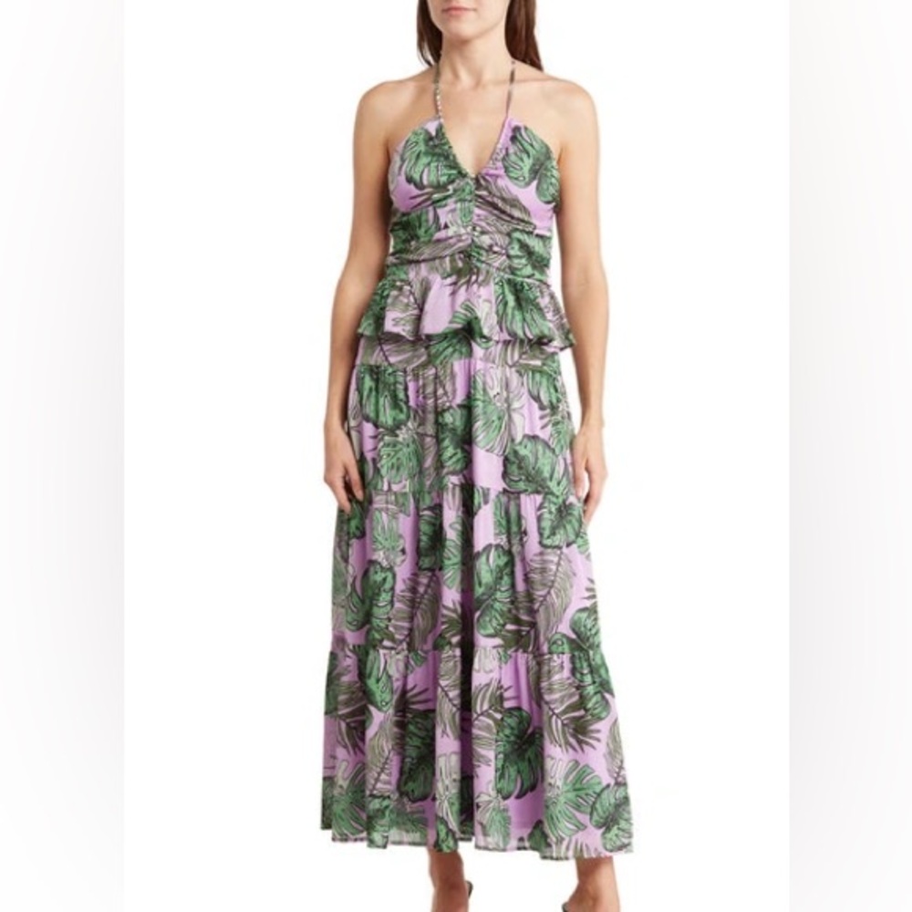 NSR - Palm Print Ruffle Midi Dress In Tropical Print Size XS
